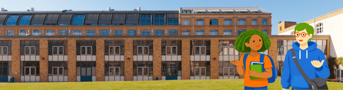 Gebäude auf dem Campus Wilhelminenhof © HTW Berlin/Alexander Rentsch, davor eine Illustration mit zwei Studierenden, die sich unterhalten © ChatGPT 2026 Foto vom Gebäude auf dem Campus Wilhelminenhof, davor eine Illustration mit zwei Studierenden, die sich unterhalten