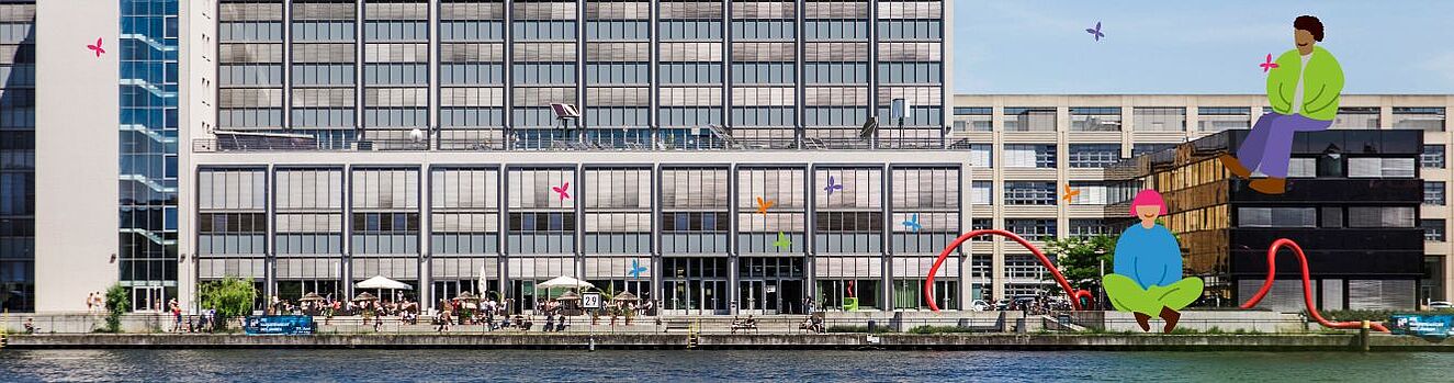 Panorama des Campus Wilhelminenhof am Wasser mit modernem Hochschulgebäude, davor Menschen an der Uferpromenade; darüber farbige grafische Illustrationen von zwei sitzenden Figuren Panorama des Campus Wilhelminenhof am Wasser mit modernem Hochschulgebäude, davor Menschen an der Uferpromenade; darüber farbige grafische Illustrationen von zwei sitzenden Figuren