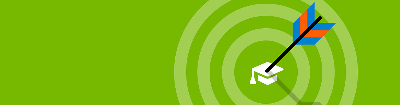 Grüner Hintergrund mit Zielscheibe mit einem Absolventenhut im Zentrum, in dem ein Pfeil steckt