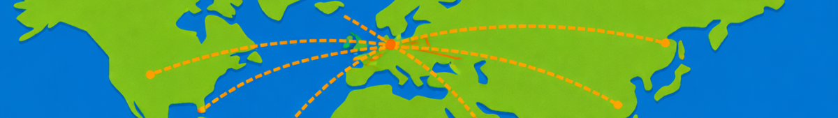 Stilisierte Weltkarte in Grün und Blau, auf der gestrichelte orange Linien von Berlin aus globale Verbindungen und internationale Vernetzung darstellen.