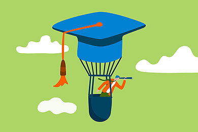 [Translate to Englisch:] Illustration: Eine Person hält ein Fernrohr und blickt neugierig von einem kreativ dargestellten blauen Graduation-Hut-Flugobjekt in den grünen Himmel mit weißen Wolken.