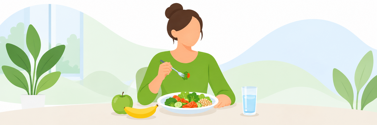 Eine Person isst eine gesinde Mahlzeit am Tisch. Illustration: KI-generiert mit ChatGPT (OpenAI) Eine Person isst eine gesinde Mahlzeit am Tisch.
