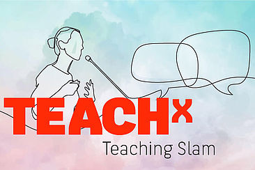 Liniengrafik, die zeigt, wie jemand am Mikrofon steht. Text im Bild: TEACHx Teaching Slam