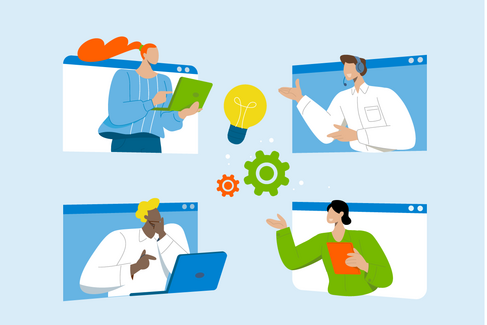 Illustration von vier Personen die per Videocall kommunizieren