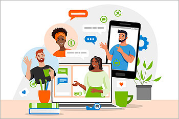 Vier Personen sprechen online in einem Meeting miteinander.