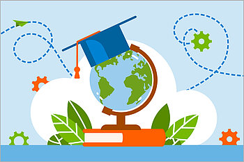 Globe with graduate hat, standing on a book