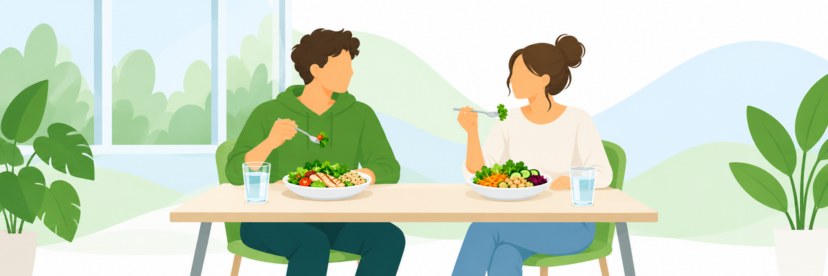 Zwei Personen sitzen gemeinsam essend am Tisch. Illustration: KI-generiert mit ChatGPT (OpenAI) Zwei Personen sitzen gemeinsam essend am Tisch.