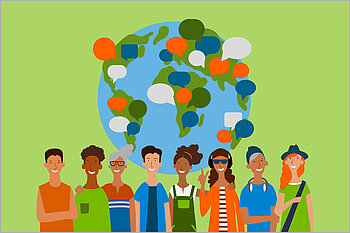 Group of people in front of a globe