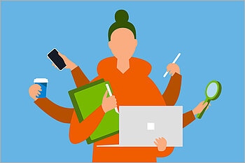 Woman with six arms holding laptop, book, cup, pen etc.