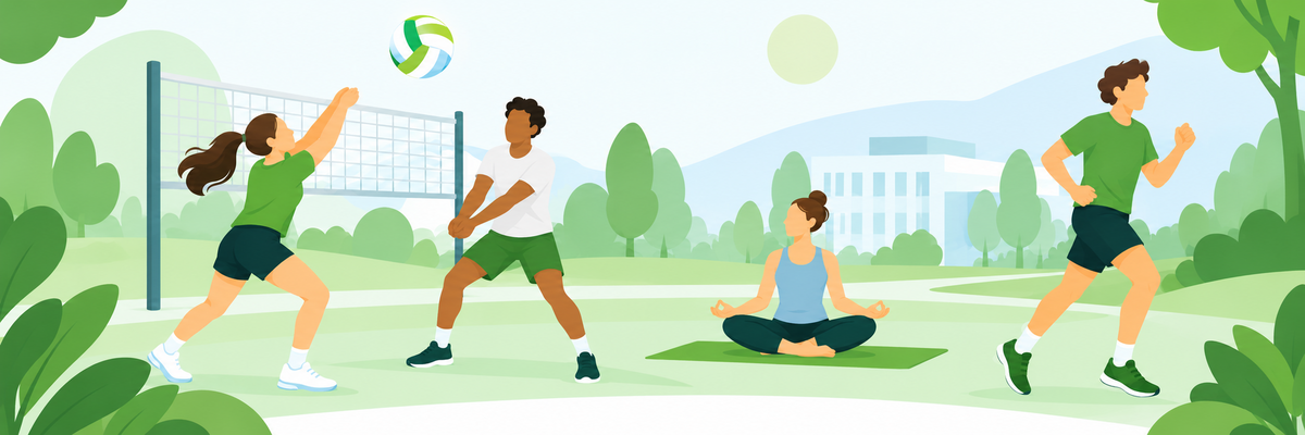 Mehere Personen treiben verschiedene Sportarten im Freien. 