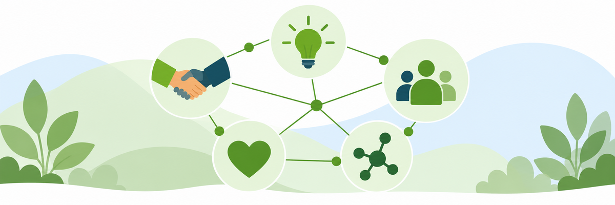 Verschiedene miteinander verbundene Symbole die für Vernetzung stehen. Illustration: KI-generiert mit ChatGPT (OpenAI) Verschiedene miteinander verbundene Symbole die für Vernetzung stehen.