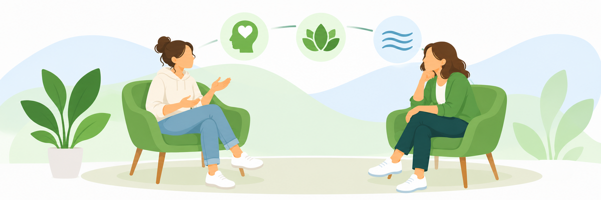 Zwei Personen unterhalten sich entspannt gegenüber sitzend. Illustration: KI-generiert mit ChatGPT (OpenAI) Zwei Personen unterhalten sich entspannt gegenüber sitzend.