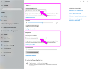 Screenshot PC-Einstellungen der Tonein- und Tonausgabe Screenshot PC-Einstellungen der Tonein- und Tonausgabe