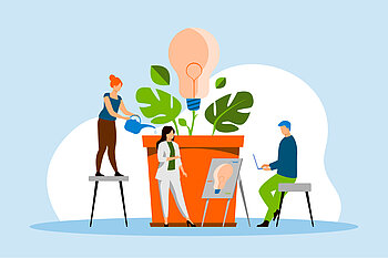 Illustration von drei Personen, die gemeinsam eine große Pflanze mit Glühbirne als Blüte pflegen – eine Person gießt, eine erklärt, eine arbeitet am Laptop. Symbol für gemeinsames Wachstum und kreative Ideenentwicklung.