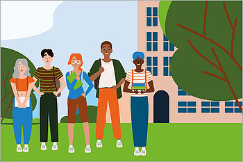 Illustration: Group of people standing in front of a campus building
