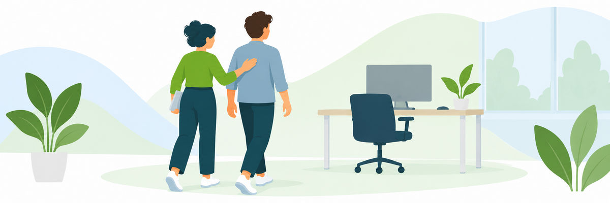 Eine Person begleitet eine andere Person zurück an den Arbeitsplatz. Illustration: KI-generiert mit ChatGPT (OpenAI) Eine Person begleitet eine andere Person zurück an den Arbeitsplatz.