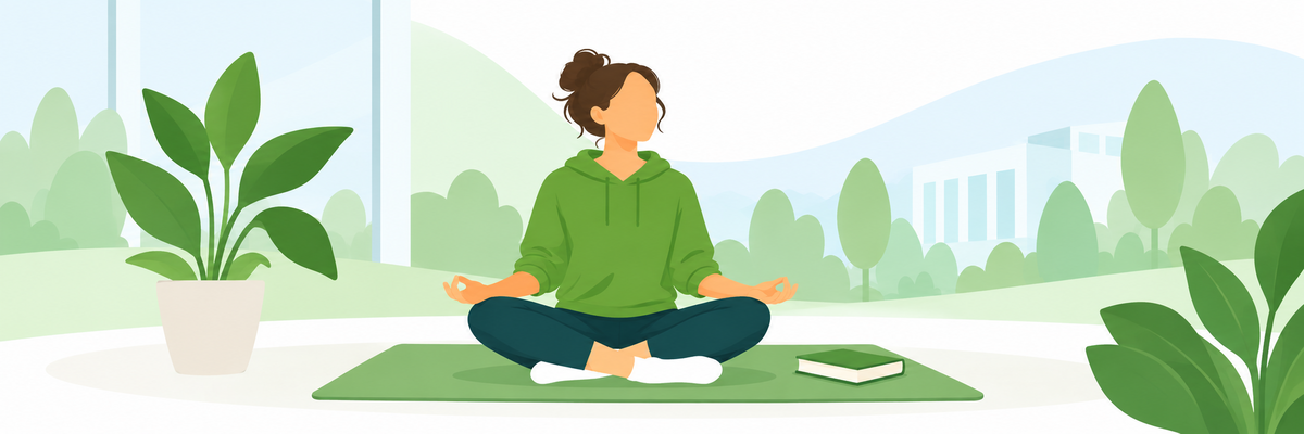 Eine Person sitzt gelassen und entspannt im Schneidersitz auf einer Yogamatte. Illustration: KI-generiert mit ChatGPT (OpenAI) Eine Person sitzt gelassen und entspannt im Schneidersitz auf einer Yogamatte.