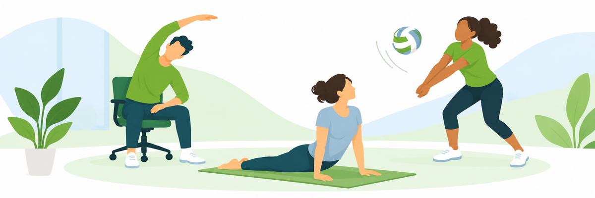 Drei Peronen treiben verschiedene Sportarten oder dehnen sich. Illustration: KI-generiert mit ChatGPT (OpenAI) Drei Peronen treiben verschiedene Sportarten oder dehnen sich.