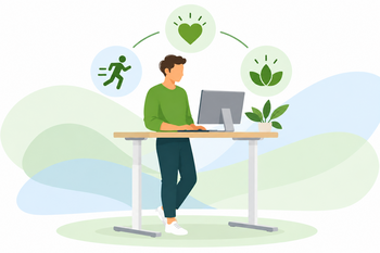 Eine Person steht am Schreibtisch. Um die Person 3 Wellness Symbole. Illustration: KI-generiert mit ChatGPT (OpenAI) Eine Person steht am Schreibtisch. Um die Person 3 Wellness Symbole