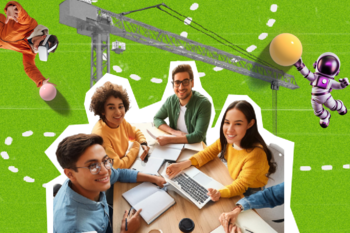 Collage aus jungen Menschen in einer kreativen Arbeitssituation, umgeben von spielerischen Elementen wie Astronauten, Kran und bunten Bällen auf grünem Hintergrund