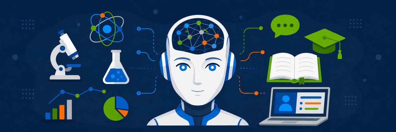 Roboterkopf mit Netzwerkstruktur, flankiert von Forschungssymbolen links und Lehr-/Lernobjekten rechts auf dunkelblauem Hintergrund. © ChatGPT Roboterkopf mit Netzwerkstruktur, flankiert von Forschungssymbolen links und Lehr-/Lernobjekten rechts auf dunkelblauem Hintergrund.