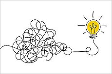 Illustration: Fadengewirr führt zu einer Glühbirne