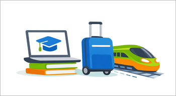 Illustration: Ein Laptop mit Doktorhut-Symbol steht auf Büchern, daneben sind ein Koffer und ein Zug dargestellt. © ChatGPT Illustration: Ein Laptop mit Doktorhut-Symbol steht auf Büchern, daneben sind ein Koffer und ein Zug dargestellt.