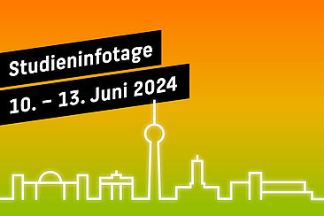 Illustration mit der Skyline von Berlin und dem Schriftzug "Studieninfotage 10.-13. Juni"