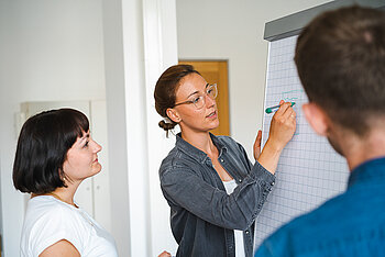 Lehrende schreibt etwas an eine Pinnwand