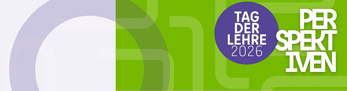 Abstraktes Banner zum „Tag der Lehre 2026“ in den HTW-Farben Grün, Violett und Weiß mit geometrischen Formen und typografischem Schriftzug „Perspektiven“.