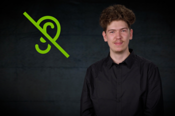 Videoframe aus dem Video in Gebärdensprache mit Student Elias Zander, daneben ein Icon (durchgestrichenes Ohr) © HTW Berlin/Johannes Klemt Videoframe aus dem Video in Gebärdensprache mit Student Elias Zander, daneben ein Icon (durchgestrichenes Ohr)