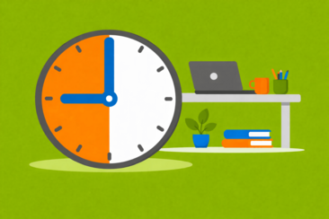 Illustration einer großen Uhr mit halb orangefarbenem und halb weißem Ziffernblatt vor grünem Hintergrund, ergänzt durch einen minimalistischen Schreibtisch mit Laptop und Arbeitsutensilien