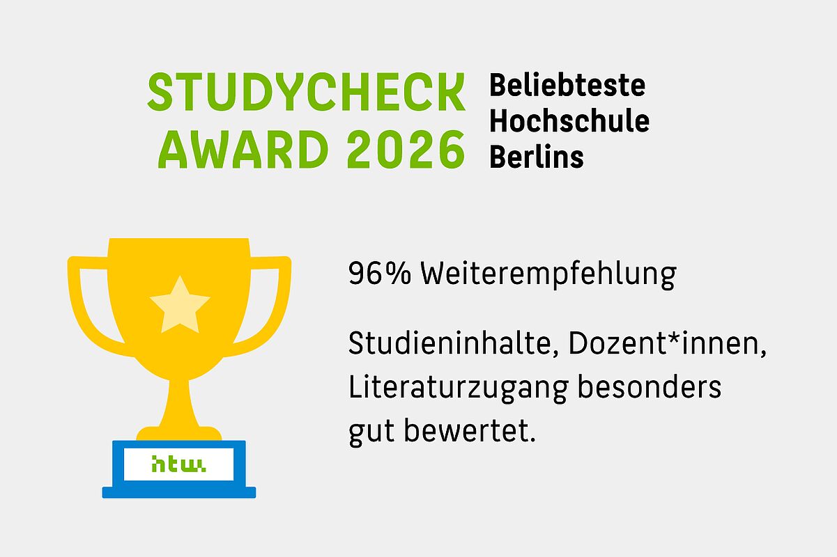 Die Grafik zeigteine Auszeichnung der HTW Berlin mit dem StudyCheck Award 2026 als beliebteste Hochschule Berlins. Links ist eine goldene Sieger-Trophäe mit einem blauen Sockel und dem HTW-Logo abgebildet. Rechts stehen Informationen zur Bewertung: 96 %