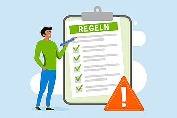 Illustration: Mann zeigt auf eine Liste mit Regeln