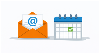 Illustration: Ein geöffneter orangefarbener Briefumschlag mit einem @-Symbol ist neben einem Kalender mit einem markierten Feld abgebildet. © ChatGPT Illustration: Ein geöffneter orangefarbener Briefumschlag mit einem @-Symbol ist neben einem Kalender mit einem markierten Feld abgebildet.