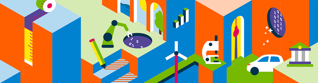 Farbenfrohe Illustration mit Symbolen aus Wissenschaft, Technik, Wirtschaft und Gestaltung, die verschiedene Studienbereiche repräsentieren