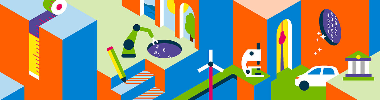 Farbenfrohe Illustration mit Symbolen aus Wissenschaft, Technik, Wirtschaft und Gestaltung, die verschiedene Studienbereiche repräsentieren