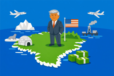 Illustration mit Trump-Figur auf einer Insel, umgeben von Meer und Eis