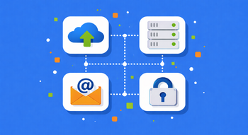 Illustration mit vier vernetzten IT-Icons (Cloud, Server, E-Mail und Sicherheitsschloss) auf einem leicht helleren blauen Hintergrund. © ChatGPT Illustration mit vier vernetzten IT-Icons (Cloud, Server, E-Mail und Sicherheitsschloss) auf einem leicht helleren blauen Hintergrund.