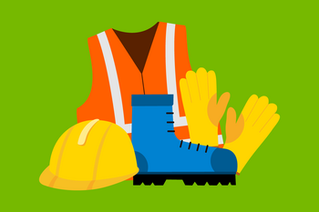 Illustration: Sicherheitshelm, Sicherheitsschuh, Weste und Handschuhe © iStock.com - Blueastro