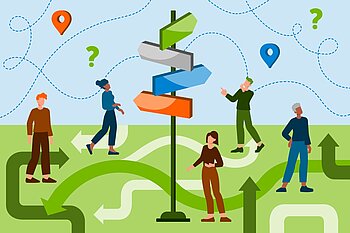 Illustration: Wegweiser, Fragezeichen, Routen, dazwischen Menschen