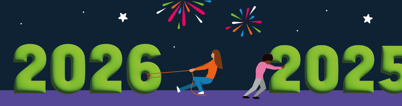 Illustration mit Feuerwerk, Sternen und großen grünen Zahlen, in der zwei Personen symbolisch das Jahr 2026 heranziehen und 2025 wegschieben.