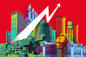Bunte Bilder von Industriedenkmälern auf rotem Hintergrund, dazwischen ein weißer Blitz © bzi