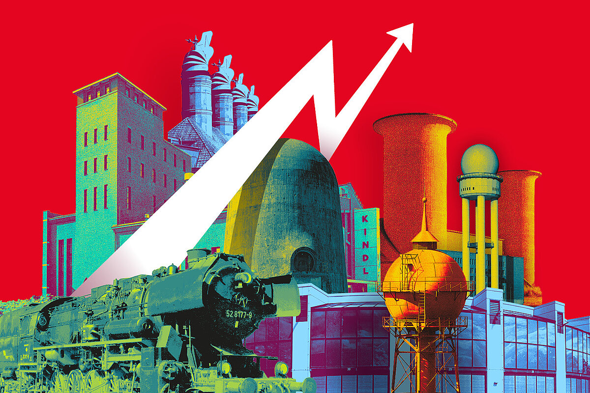 Key-Visual Festival der Industriekultur: Bunte Industriedenkmäler auf rotem Hintergrund, dazwischen ein weißer Blitz © bzi