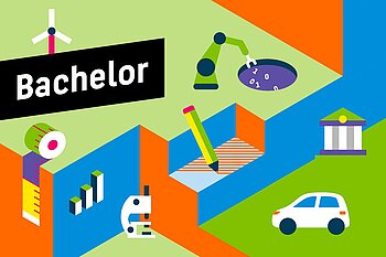 Illustration mit dem Wort "Bachelor" und verschiedenen Symbolen aus Wissenschaft, Technik, Wirtschaft und Bildung, die verschiedene Studienrichtungen illustrieren.