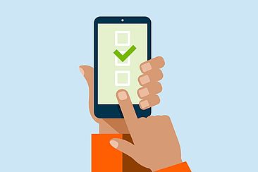 Grafik: Ein Finger tippt auf ein Smartphine mit Buttons, in einem Button ist ein grüner Haken