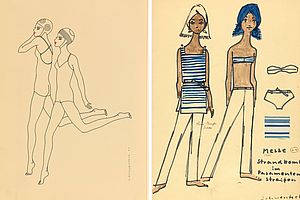 Collage: Zwei Frauen in Badeanzügen (Berlin 1971) und Strandmode (Berlin 1963), Vera Schwenteck © Quelle: Stiftung Stadtmuseum Berlin - Sammlung Mode und Textilien, CC BY 4.0, Collage: HTW Berlin