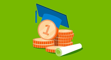 Geldmünzen und Absolventenhut