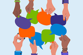 Illustration: Hände mit Sprechblasen in den Händen