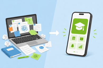 Illustration: Ein chaotischer Studienalltag mit Laptop und Papierstapeln wird durch eine strukturierte Smartphone-App ersetzt, die alle wichtigen Funktionen übersichtlich bündelt.